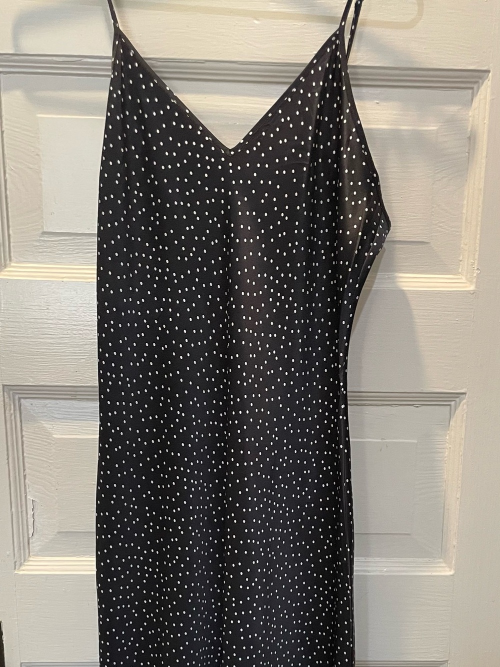 Quince Black Midi Dress with White Polka Dots, Satin, Size Large